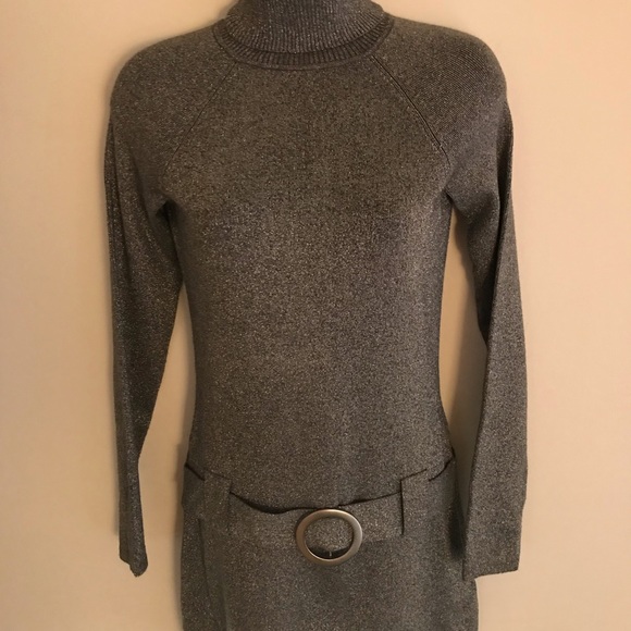 INC silver Shimmer belted turtleneck tunic sweater dress Sm - Picture 5 of 7